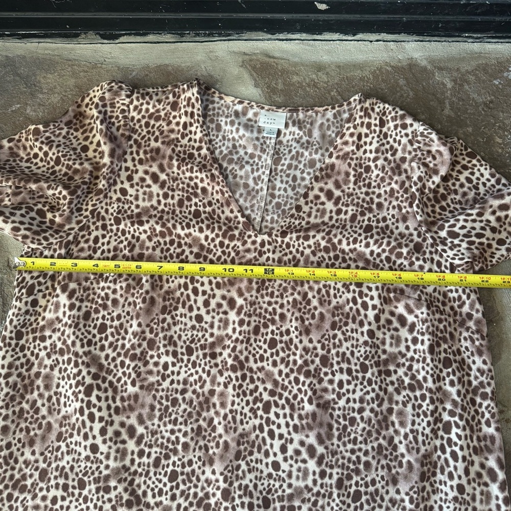 Leopard Print V-Neck Dress A-line ruffle hem tan brown cream L - Picture 4 of 6